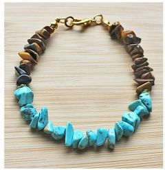 Armband groen/blauwe turkoois en tijgeroog splitkralen, 18cm.