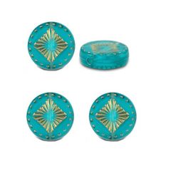 Acryl kralen turkoois blauw-goud 15x15x4mm. Per 10 stuks.