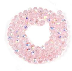 Snoer licht roze facetgeslepen glaskralen half AB coating, 6x5mm. 50-53 stuks.