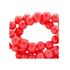 Snoer ronde glaskralen opaque licht koraal rood 6mm. 50 stuks.