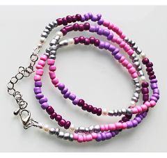 Lange wikkelarmband rocailles roze-lila-paars-zilver, 55cm met verlengketting