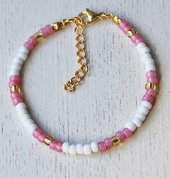 Armband 4mm Miyuki rocaille kralen in wit, roze alabaster en goudkleur