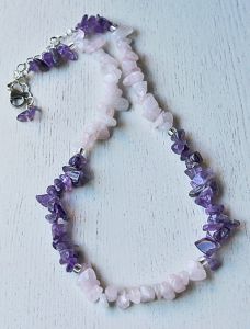 Ketting Amethist en Rozekwarts splitkralen, 62cm.