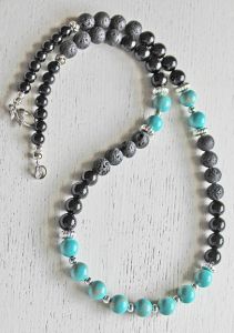 Ketting zwarte Agaat en Lava met Imperial Jaspis, 56cm.