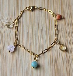 Armband goldplated schakelketting met citrine, rozekwarts en aventurijn bedels