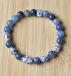 Armband Aventurijn kralen met delftsblauwe kralen, 19cm.