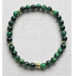 Armband 6mm groene tijgeroog kralen met goudplated hematiet, 20cm.