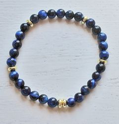 Armband 6mm blauwe tijgeroog kralen met goldplated hematiet, 19cm