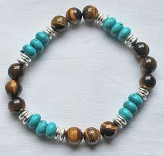 Armband turkoois blauw, tijgeroog en hematiet, 19cm.