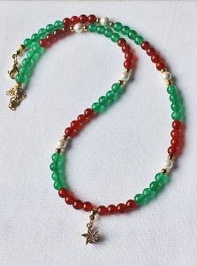 Ketting groene jade en rode agaten, zirkonia ster hanger