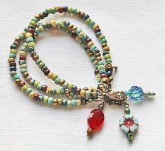 Armband 3 rijen Miyuki kralen kleurige Picasso mix 18cm met bedels, verstelbaar.