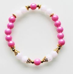 Armband acryl kralen, 8mm in roze, wit en goudkleur. 17-19cm.