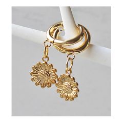 Huggie oorbellen rvs goud plated, zonnebloem hanger