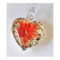 Hanger lampwork glazen hart wit met oranje-rode bloem
