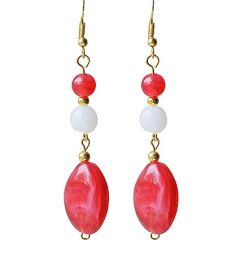 Lange oorbellen, cerise rood en wit