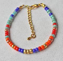 Armband Miyuki 4mm rocailles turkoois, oranje, rood, blauw en goud