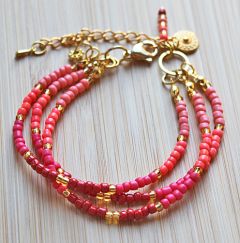 Armband 3 snoeren rocaille kralen rood, lichtrood, oranje-rood en roze