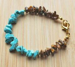 Armband groen/blauwe turkoois en tijgeroog splitkralen, 18cm.