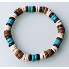 Armband Cocoskralen en Turkoois kleur kralen 19-20cm.