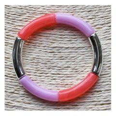 Armband acryl tube kralen in lila, oranje-roze en zilverkleur. 18cm