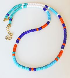 Ketting 4mm Miyuki rocailles in blauw, parelwit, turkoois en oranje, 48cm.