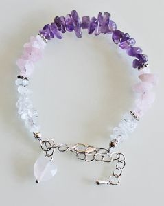 Armband Amethist, Rozekwarts en Bergkristal splitkralen met rozekwarts  hartje