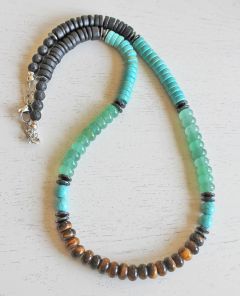 Ketting rondelkralen 8mm Tijgeroog, aventurijn, howliet en lava, 54cm
