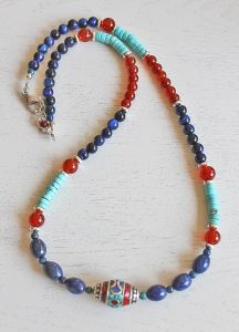 Ketting Lapis Lazuli, rode Agaat, Hematiet, turkooiskleur, 60cm