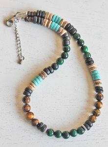 Ketting Tijgeroog groen en bruin, turkoois en kokoskralen