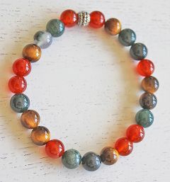 Armband 8mm kralen Carneool, Tijgeroog en Mos Agaat. 18-19cm.