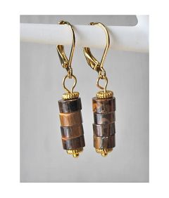 Set Tijgeroog oorbellen, schijfjes met rvs sluiting