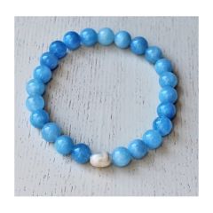 Armband 8mm zachtgekleurde Aquamarijn kralen met cultive parel, 19-20cm.
