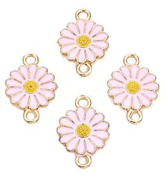 Metalen goudkleurig tussenzetsel zonnebloem licht roze, 18x1x2mm. Per 2 stuks.