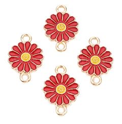 Metalen goudkleurig tussenzetsel zonnebloem helder rood, 18x1x2mm. Per 2 stuks.