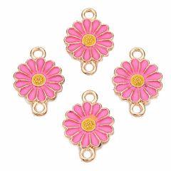 Metalen goudkleurig tussenzetsel zonnebloem roze, 18x1x2mm. Per 2 stuks.