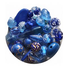 Zakje plastic kralen blauw, diverse vormen en maten