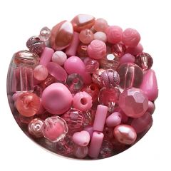 Zakje plastic kralen roze, diverse vormen en maten
