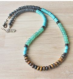 Ketting rondelkralen 8mm Tijgeroog, aventurijn, howliet en lava, 54cm