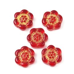 Zakje rood met gouden bloemkralen, 13x14x4mm. Per 4 stuks.