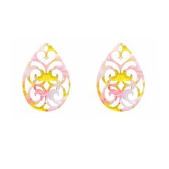 Resin (oorbel)hanger barok druppel roze-geel 38x27mm. Per stuk.
