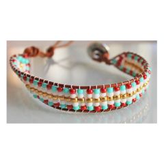 Manchet wrap armband Miyuki kralen turkoois, goud, rood 18-20cm