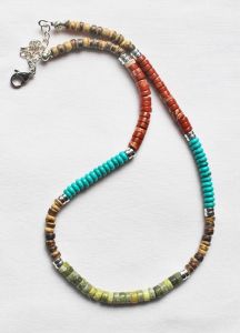 Ketting rondel kralen Jaspis, Jade, serpentijn en kokoskralen