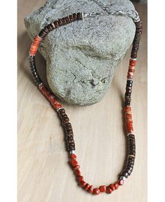 Ketting 6mm chocolade bruine cocoskralen en Jaspis kralen