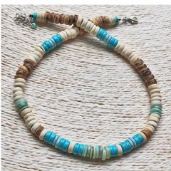Ketting met cocos-, turkoois blauwe en schelpkralen, 48cm+verlengketting