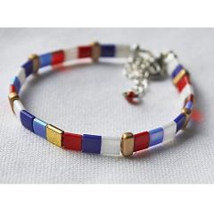 Miyuki Tila armband in blauw wit en rood met hematiet kralen