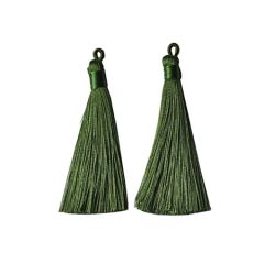 Kwastje olijf groen, 8cm. Per stuk. Nieuwe kleuren, voor mala's en kettingen.