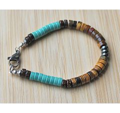 Armband rondel kralen tijgeroog en turkoois, 18cm.