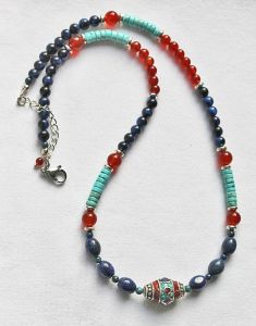 Ketting Lapis Lazuli, rode Agaat, Hematiet, turkooiskleur, 60cm