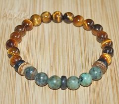 Armband 8mm Tijgeroog kralen met Afrikaanse turkoois kralen, 20cm.