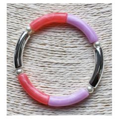 Armband acryl tube kralen in zilver, lila en oranje-roze met parelkralen. 19-20cm